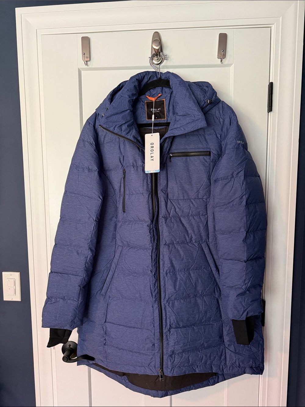 Orlay Women's Quilted Mid Length Puffer Coat in Navy